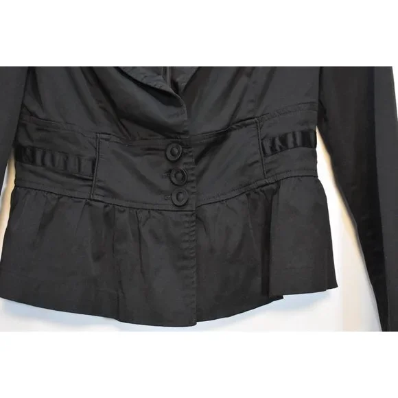 Women's Forever 21 Black Sateen Fitted Jacket Gold Chain Peplum Waist L - Picture 2 of 7